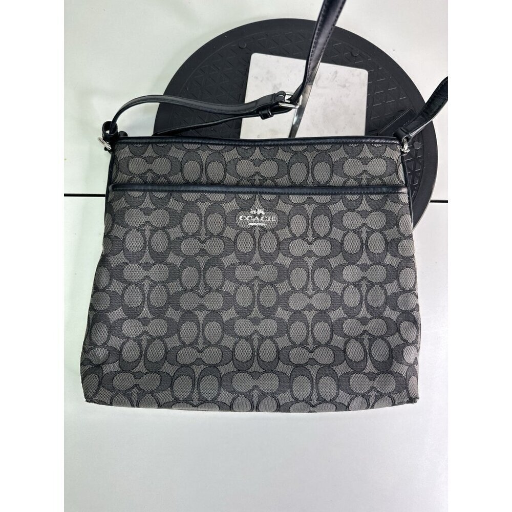 Coach Black Signature Jacquard File Bag Silver Crossbody Bag F58285 leather trim